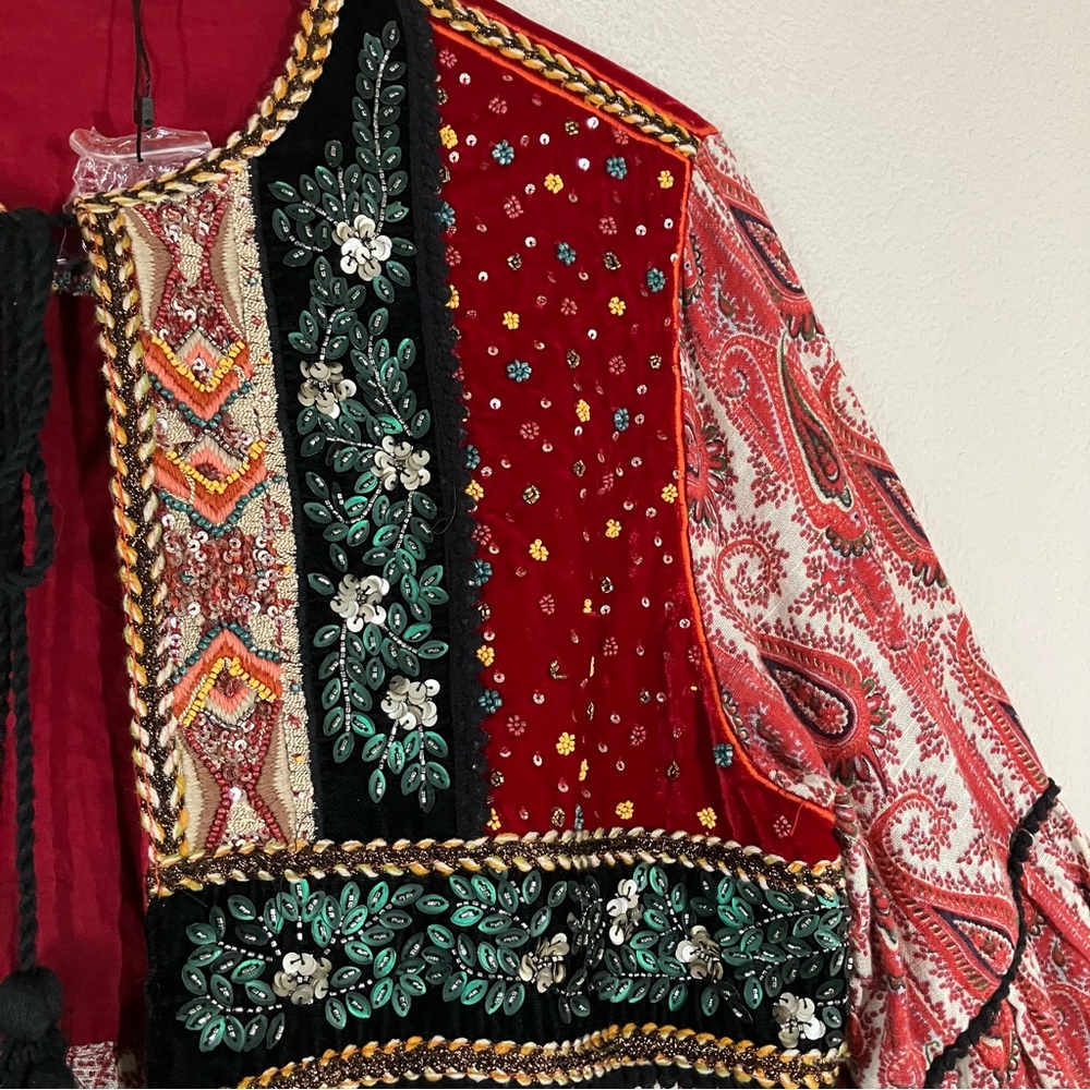 ZARA Paisley Velvet Embellished Boho Topper Jacket L Bell Sleeve Boho Maximalist - Picture 9 of 16